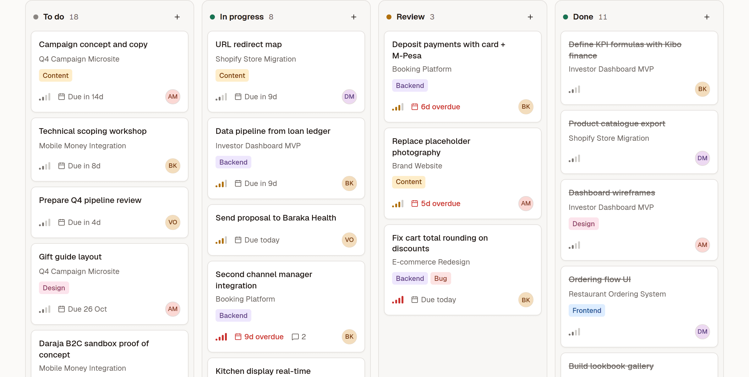 Kanban task board with To do, In progress, Review and Done columns