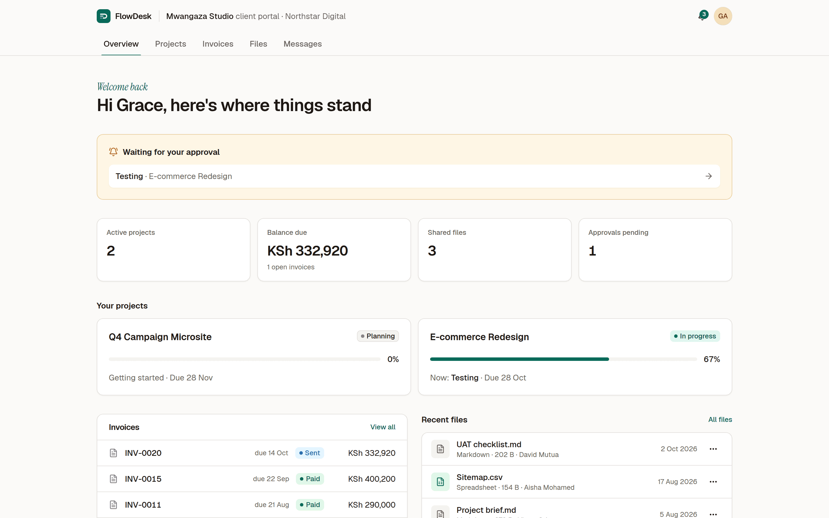 Client portal showing a pending approval, project progress and invoices